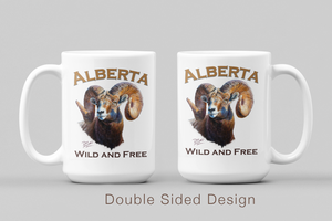 White ceramic 15 oz. mug titled Alberta Wild & Free, featuring Alberta's official animal, the bighorn sheep. Double sided design. 