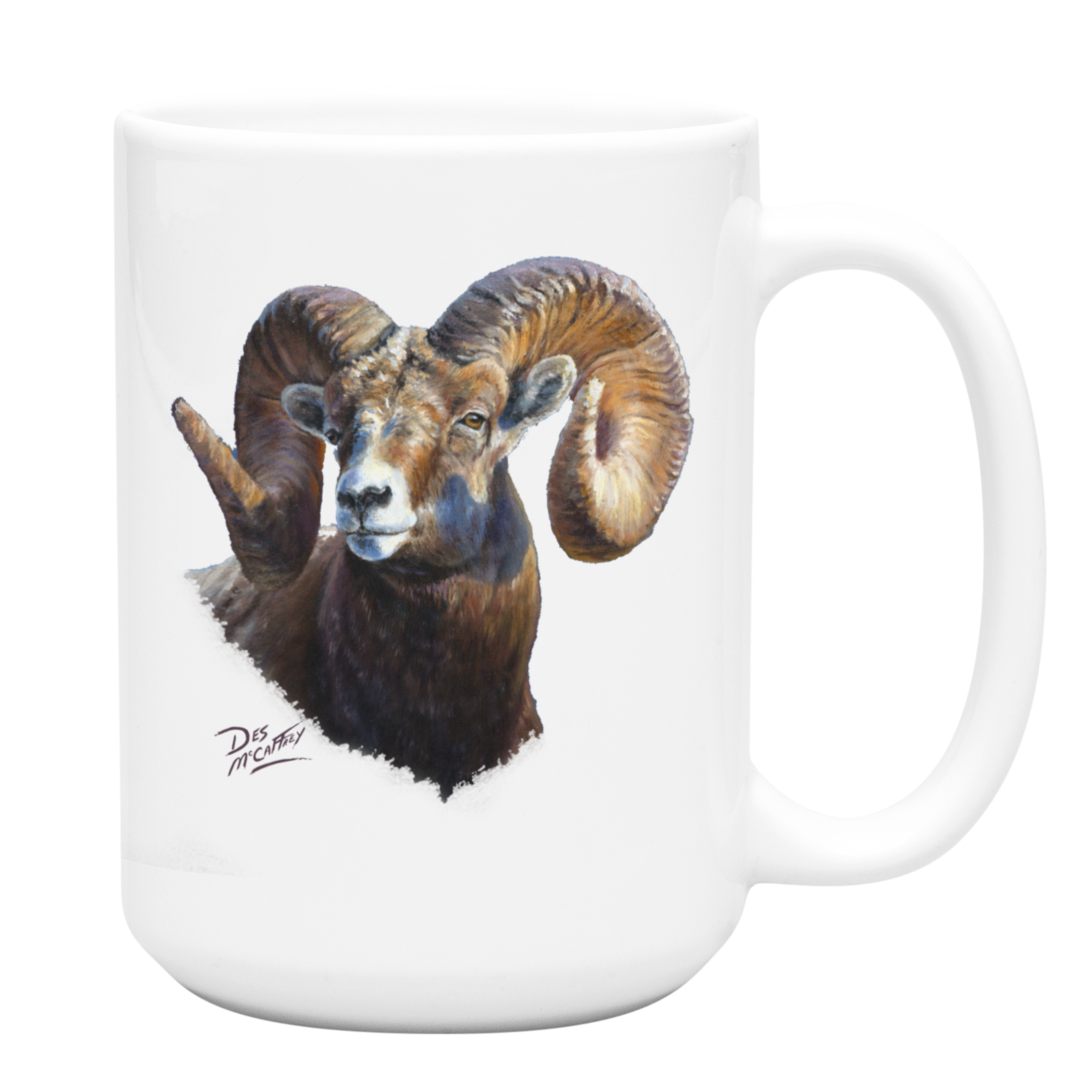 White ceramic coffee mug featuring a painting of a large bighorn ram, artwork by Canadian wildlife artist Des McCaffrey.