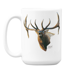 White ceramic coffee mug featuring a painting of a bull elk bugling in autumn, artwork by Canadian wildlife artist Des McCaffrey.