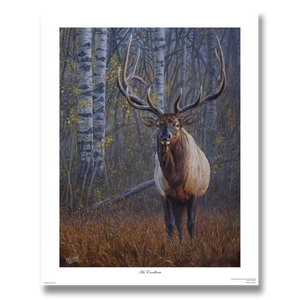 Fine art giclée print titled "His Excellence”, featuring a large bull elk standing in a clearing with a shrouded aspen forest backdrop, by Canadian wildlife artist Des McCaffrey.