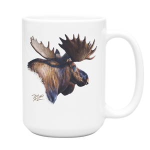"Original wildlife painting of a bull moose in the northern Alberta wilderness by artist Des McCaffrey."