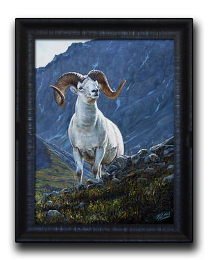 Original oil painting titled "High & Mighty,” featuring a mature Dall sheep ram with a cool mountain backdrop, by Canadian wildlife artist Des McCaffrey.