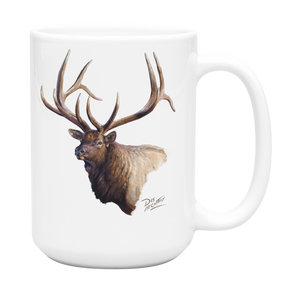 White ceramic coffee mug featuring a painting of a bull elk, artwork by Canadian wildlife artist Des McCaffrey.