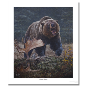 Fine art giclée print titled "Buried Treasure,” featuring a large male grizzly aggressively protecting a buried food cache consisting of a fallen bull moose.  By Canadian wildlife artist Des McCaffrey.