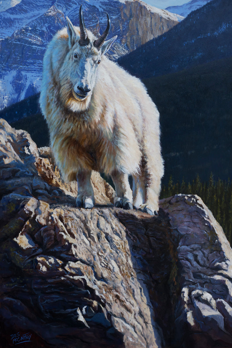 Mountain goat standing on a rocky ledge with alpine mountains in the background, oil painting
