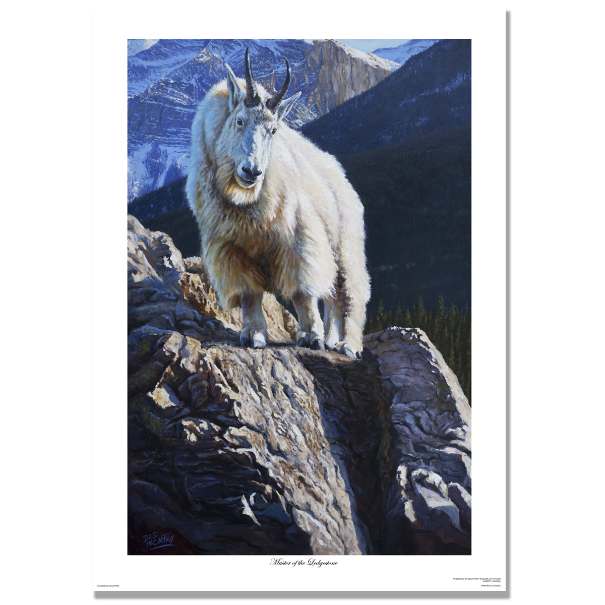 Mountain goat standing on a rocky ledge with alpine mountains in the background, oil painting
