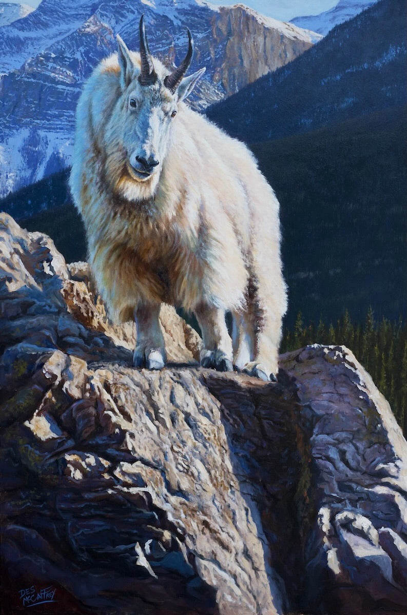 Mountain goat standing on a rocky ledge with alpine mountains in the background, oil painting
