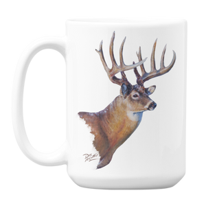 White ceramic coffee mug featuring a painting of a large whitetail buck, artwork by Canadian wildlife artist Des McCaffrey.