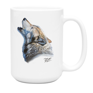 White ceramic coffee mug featuring a painting of a lone wolf howling against a winter sky, artwork by Canadian wildlife artist Des McCaffrey.