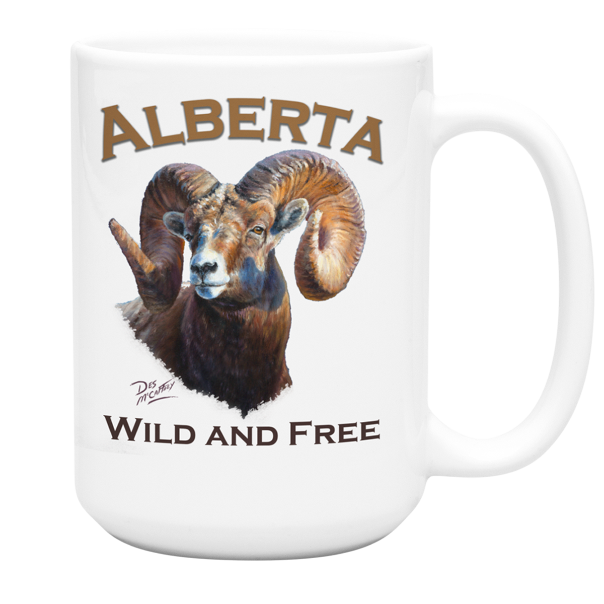 White 15 oz. ceramic mug featuring the official animal of Alberta, the bighorn sheep.  