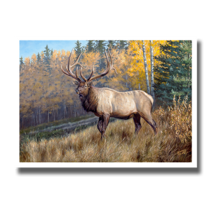 Fine art giclée print titled "Glory Days", featuring a large six point bull elk stepping out of an autumn forest in northern Alberta, by Canadian wildlife artist Des McCaffrey.