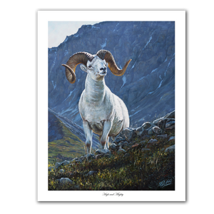Fine art giclée print titled "High & Mighty,” featuring a mature Dall sheep ram with a cool mountain backdrop, by Canadian wildlife artist Des McCaffrey.