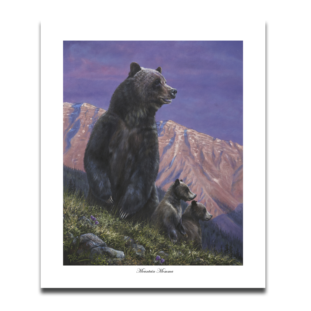 Fine art giclée print titled, "Mountain Momma,” featuring a female grizzly with two small cubs with a mountain backdrop, by Canadian wildlife artist Des McCaffrey.