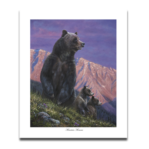Fine art giclée print titled, "Mountain Momma,” featuring a female grizzly with two small cubs with a mountain backdrop, by Canadian wildlife artist Des McCaffrey.
