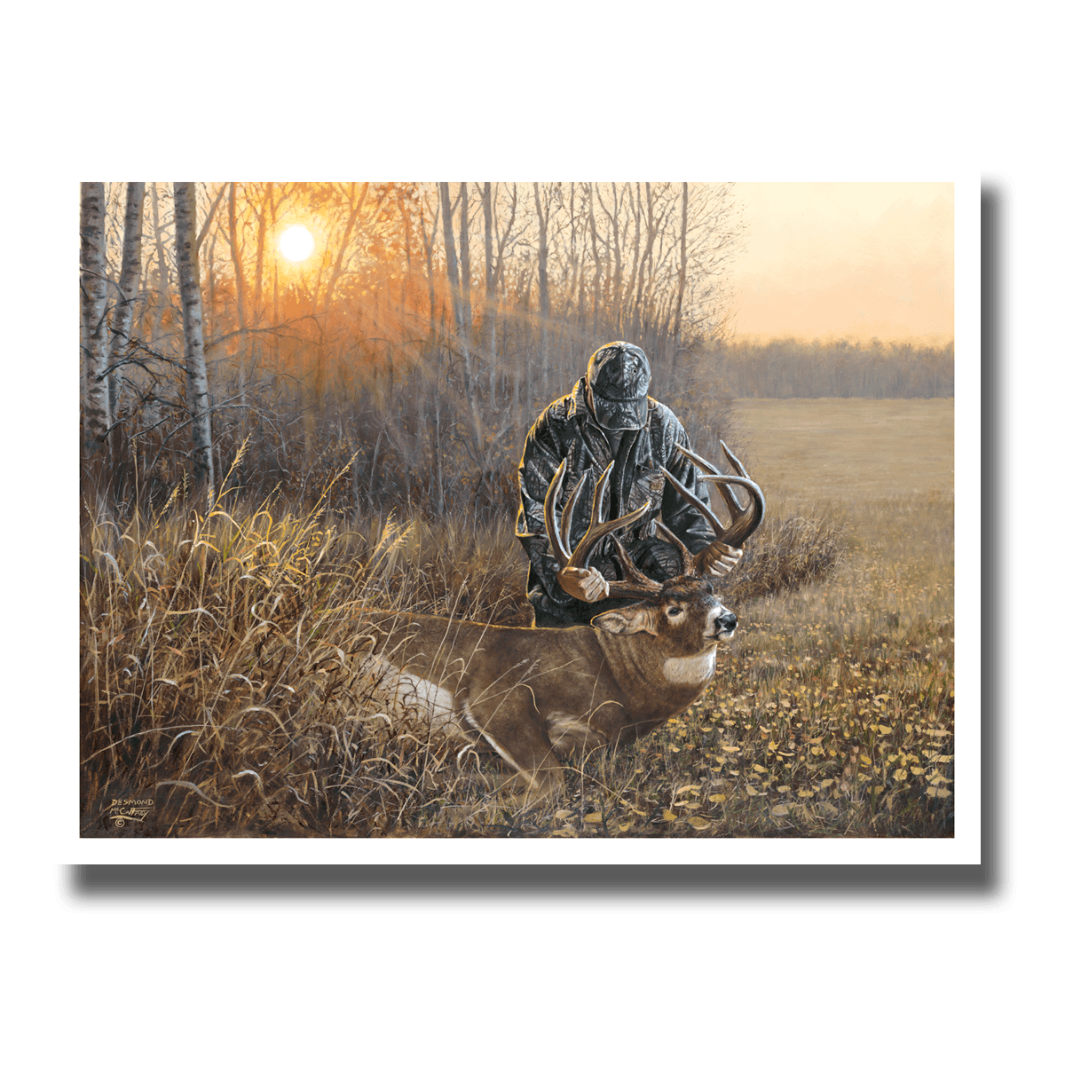Giclée print of a hunter giving thanks for his harvest of a large whitetail buck.  By Des McCaffrey.