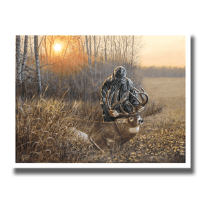 Giclée print of a hunter giving thanks for his harvest of a large whitetail buck.  By Des McCaffrey.