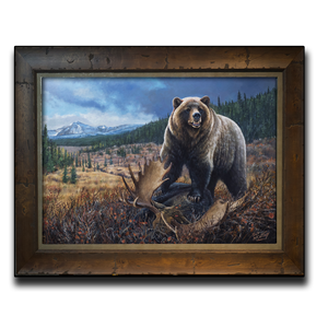 Original oil painting titled "Claim Jumper" featuring a grizzly bear aggressively posturing over a dead moose with the Alberta foothills in the background. By Canadian wildlife artist Des McCaffrey.