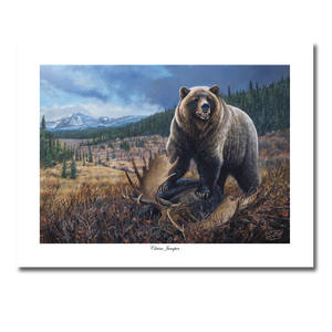 Fine art giclée print titled "Claim Jumper" featuring a grizzly bear aggressively posturing over a dead moose with the Alberta foothills in the background. By Canadian wildlife artist Des McCaffrey.