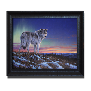 Original oil painting titled "Spirit of the North”,  featuring a lone wolf on a ridge with the twilight and beautiful northern lights dancing in the background. By Canadian wildlife artist Des McCaffrey.