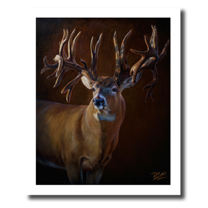 Fine art giclée print titled "The Legend” featuring a large non-typical whitetail deer buck portrait, by Canadian wildlife artist Des McCaffrey.