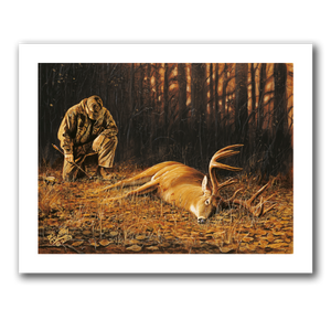Giclée print of a bow hunter kneeling before his harvested whitetail giving thanks. By wildlife artist Des McCaffrey.
